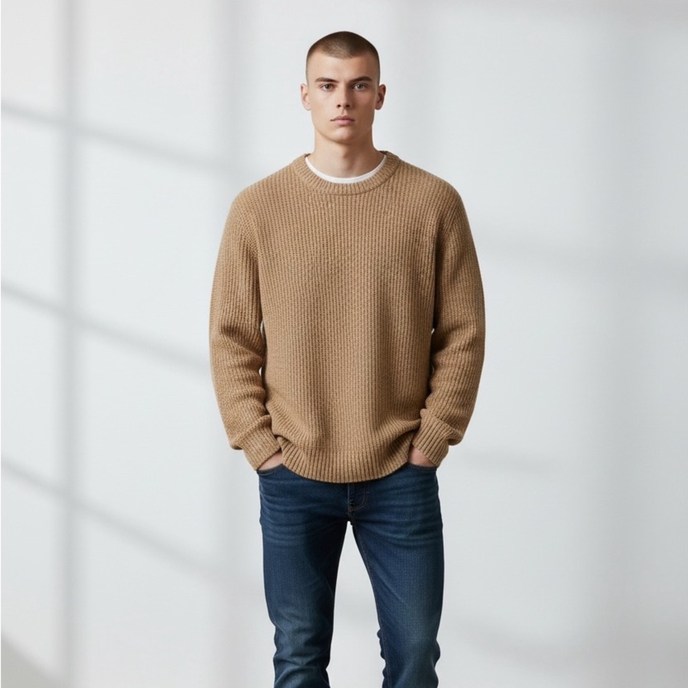 J. Crew Factory Men’s Camel Ivory Moulinex Shaker-stitch crewneck sweater- Large